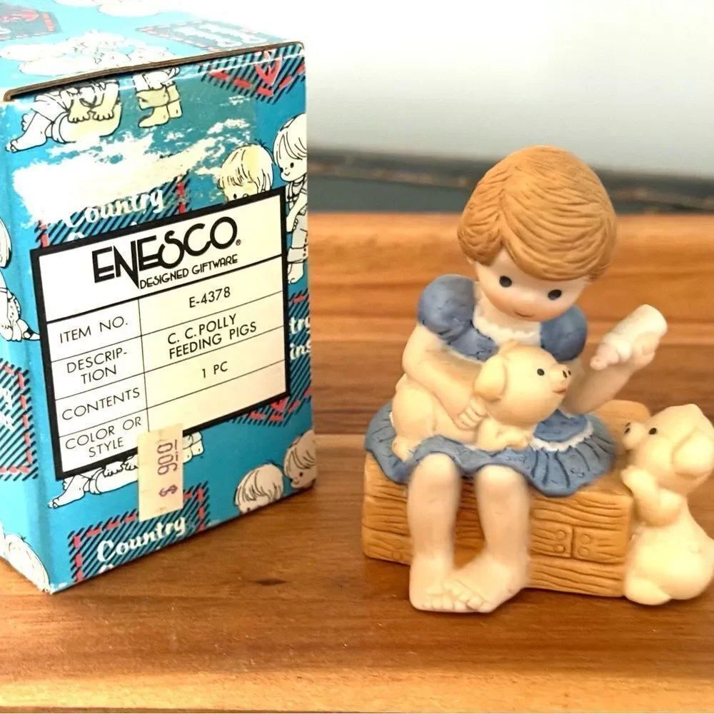 Vintage Enesco Country Cousins “Polly Feeding Pigs” Ceramic Figurine